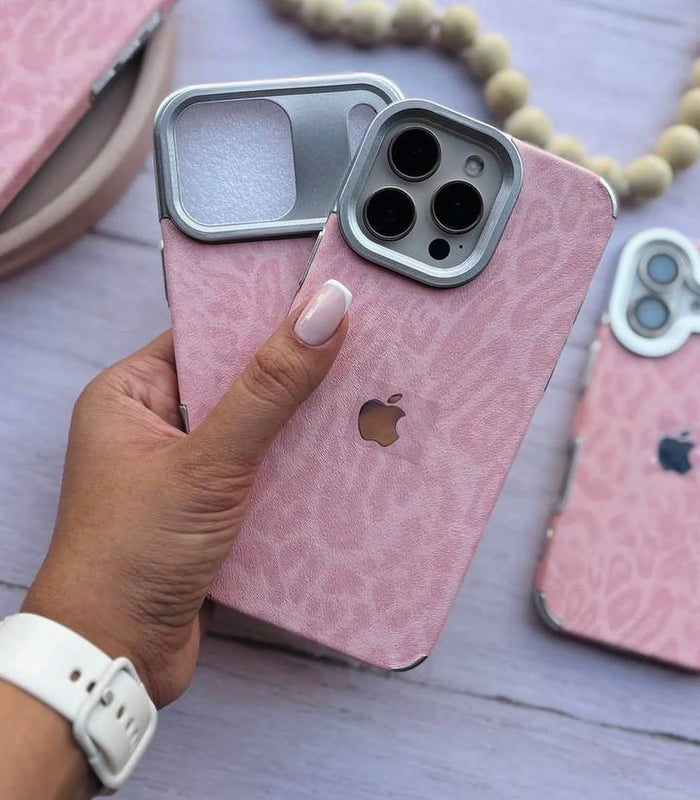 Leopard Luxe – Premium Leather iPhone Case with Metal Frame & Apple Logo